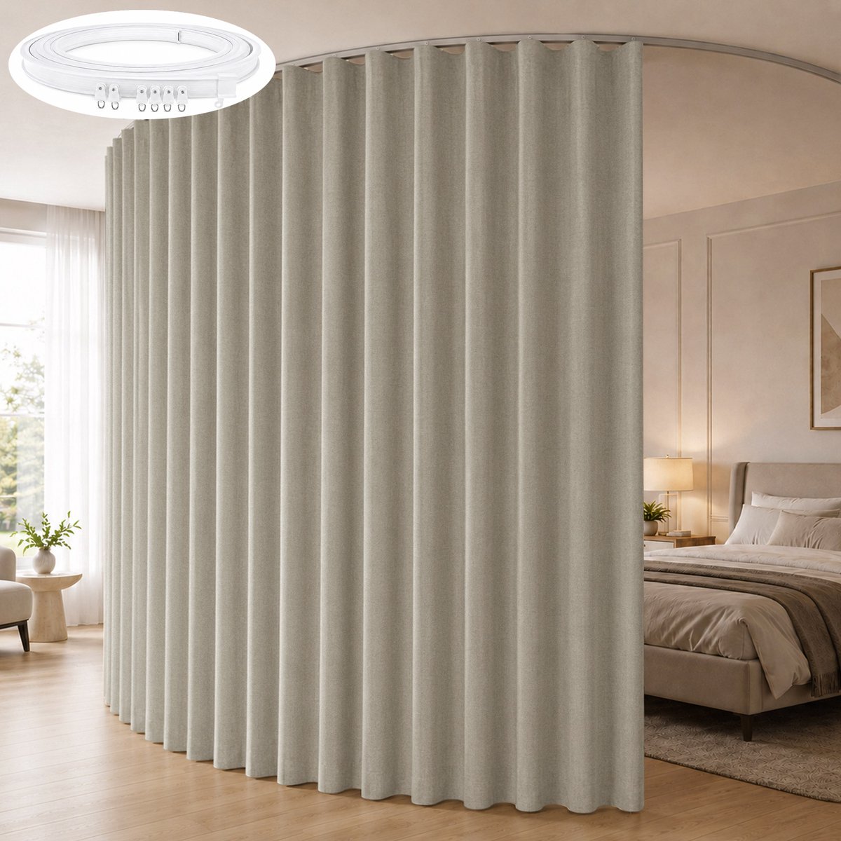 Qelus Kamerverdeler Gordijn Linnenlook met Flexibele Plafondrail - 100% Verduisterend Scheidingsgordijn - Ruimteverdeler - Thermisch Isolerend en Geluidsdempend - Voor Slaapkamer, Woonkamer, Kantoor en Studio - Kaki - 254 x 213 cm - 1 Stuk