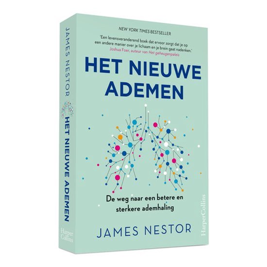 Boek 'Het Nieuwe Ademen' door James Nestor, met een groene kaft en een afbeelding van longen met kleurrijke stippen.