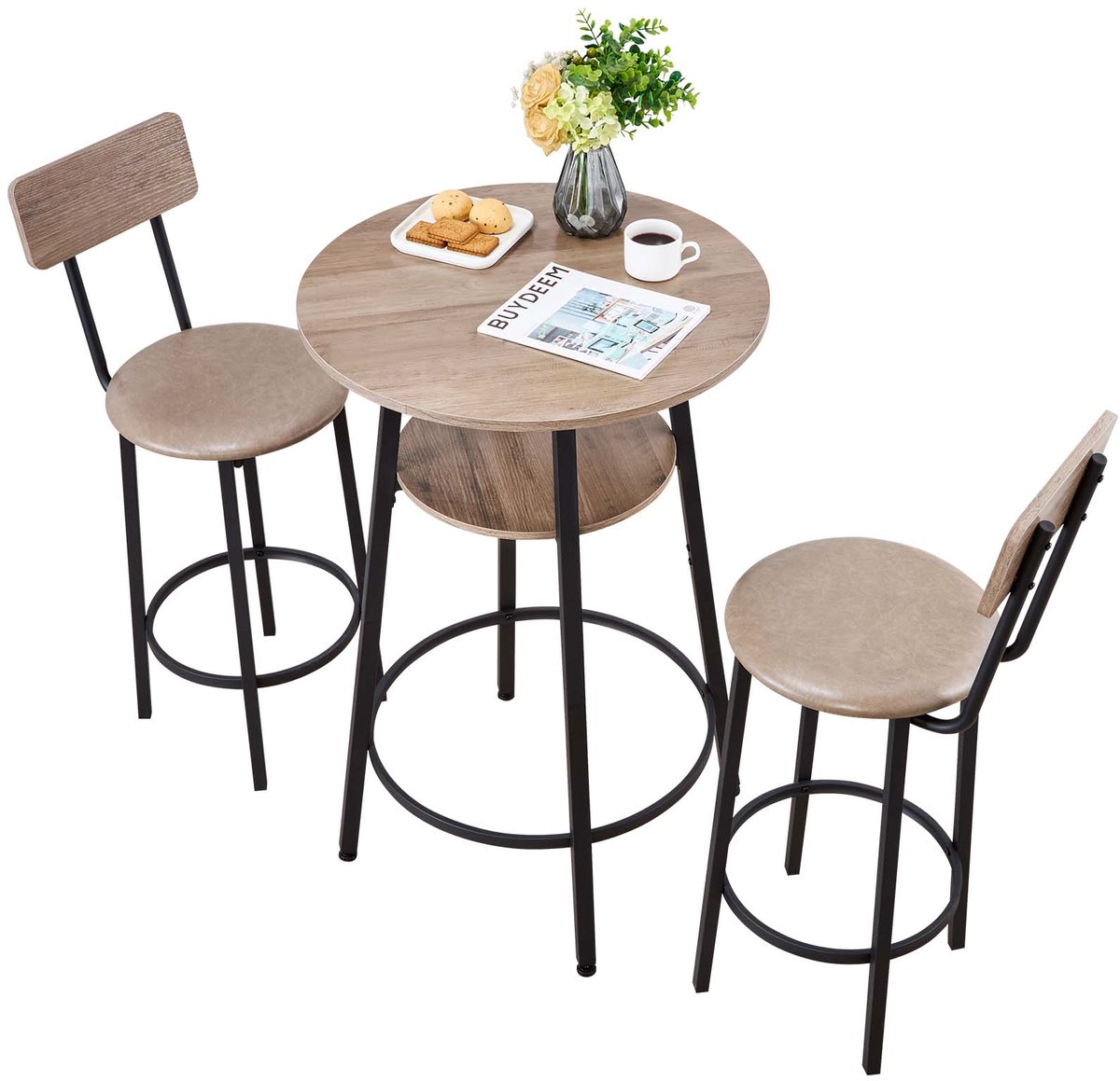 Bartafelset (3-Delig) met 2 Barkrukken en Afgeronde Randen, Ronde Cafétafel, Staande Tafel (600 X 915 mm), Bistrotafel, Eettafel, Lichtgrijs, Zwart, Ideaal voor Kantoor, Minibar of Ontbijthoek