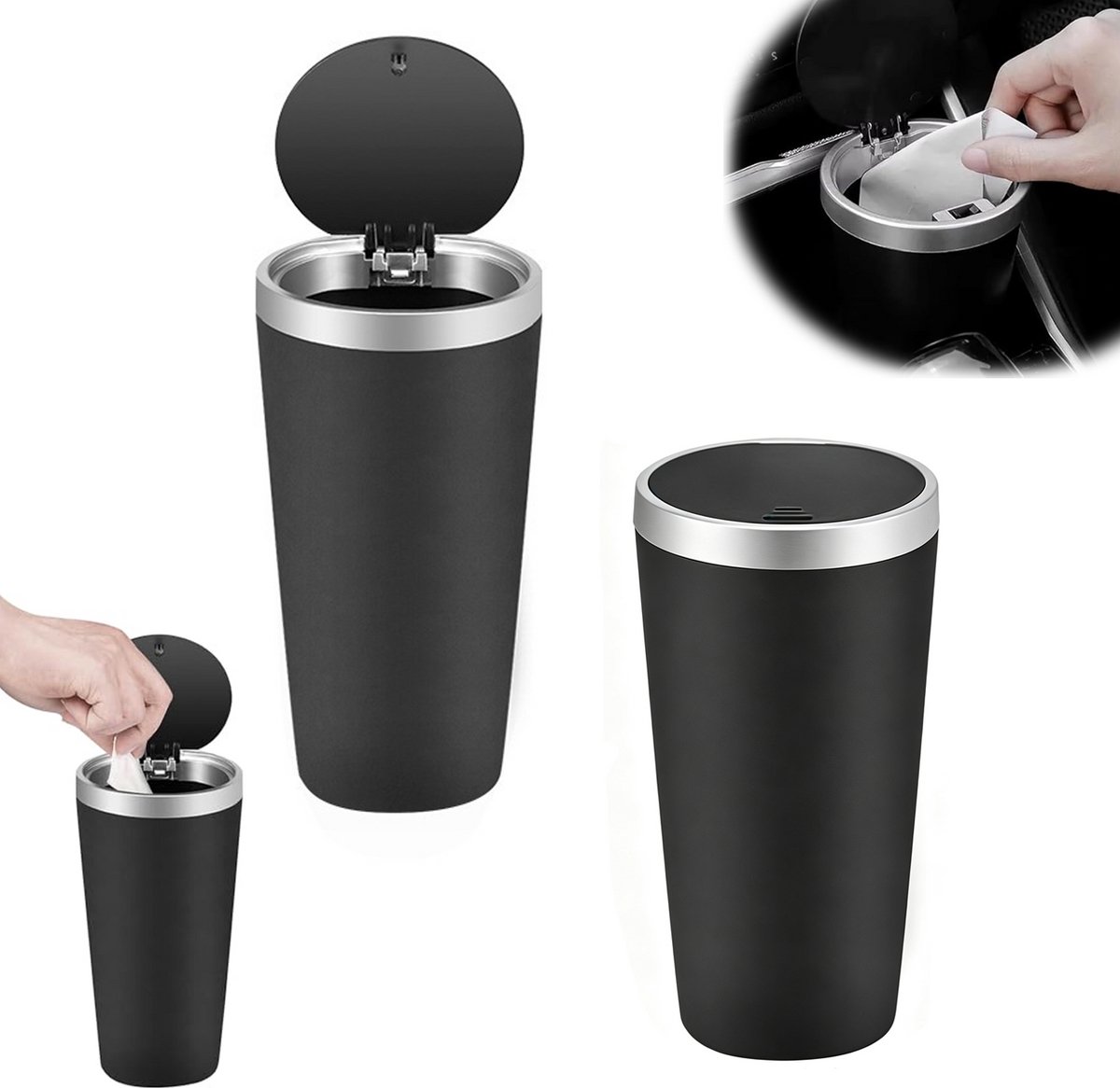 2 stuks - auto prullenbak bekerhouder - autoprullenbakje - autoprullenbak met deksel - afvalemmer voor in de auto - Draagbare voertuig vuilnisbak - auto interieur accessoire - zwart - 15 × 9 × 6 cm - geurvast - houdt het interieur schoon