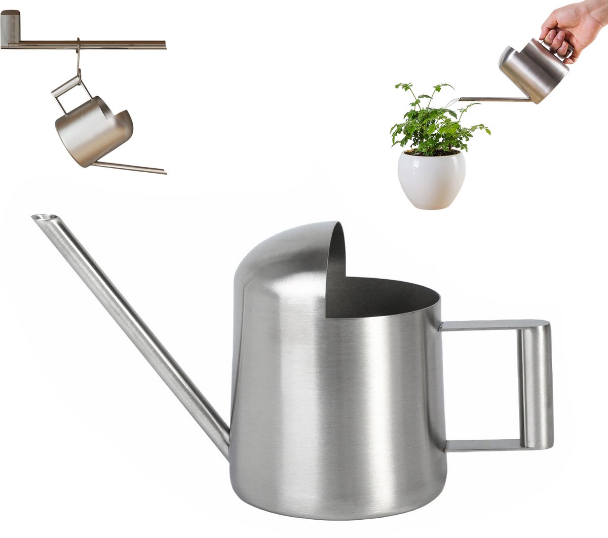 Gieter - gieter klein - gieters voor binnen - RVS gieter - ophangbaar - lange tuit - precieze watergift - met handvat - 300ml - 18.5cmx9.5cm - zliver - kamerplanten verzorgen