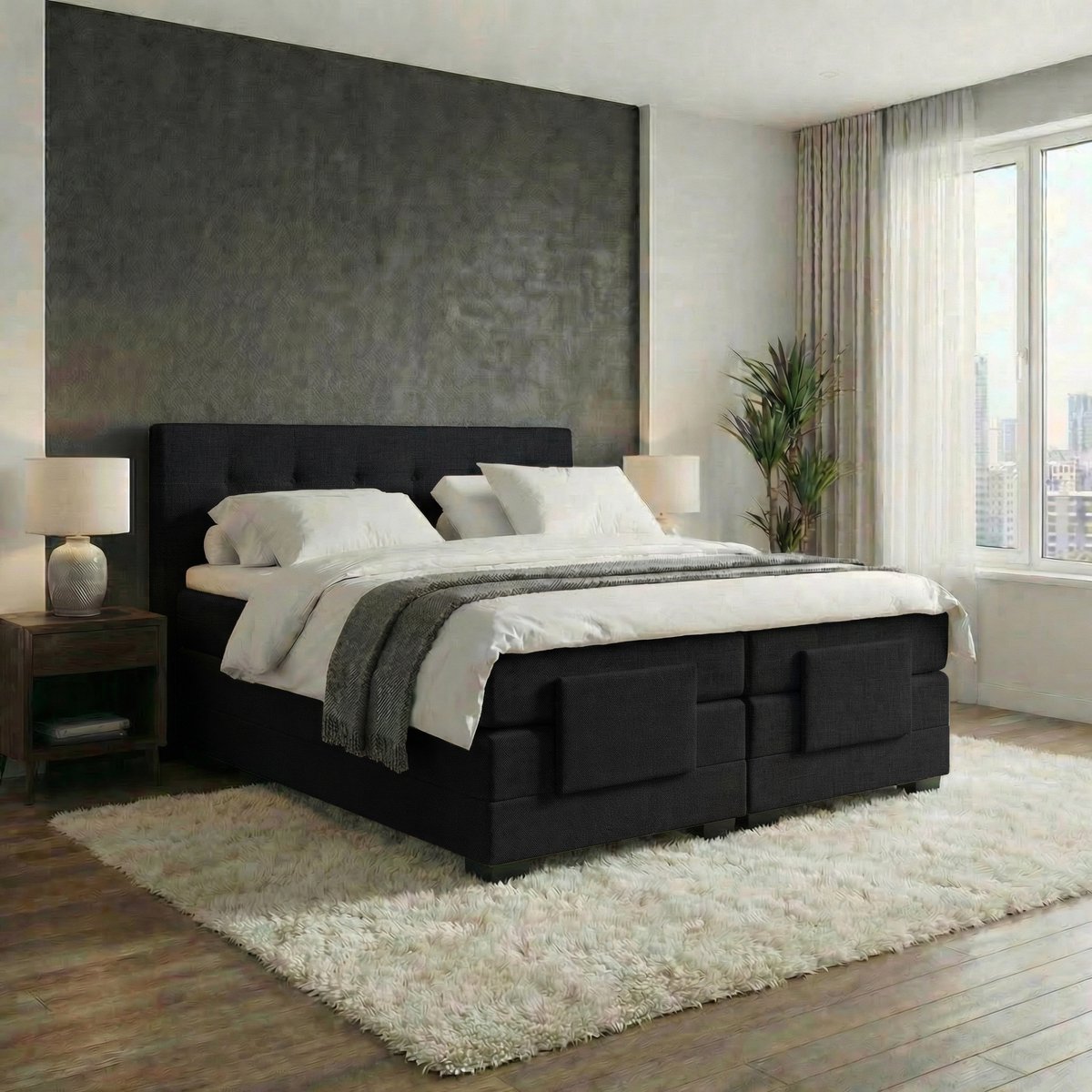Mörgenn Elektrische Boxspring LUXA - Luxe Splittopper - Pocketvering - Zwart Lederlook - 90x220 cm - Inclusief Montage + Dekbed en Kussens