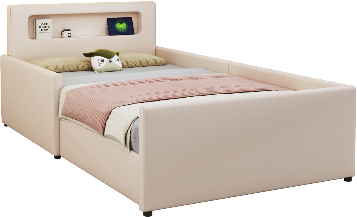 MUVANO Gestoffeerd Kinderbed 90x200 - Eenpersoonsbed Met Nachtlampje En USB - Bed Met Opberglades - 90x200 cm - Opladen - Slaapkamer Beige