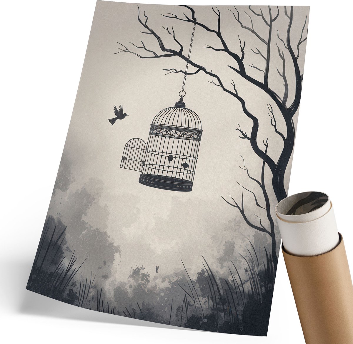 Coloray Canvas Poster Polycanvas - Ontsnapping Uit De Natuur, Illustratie - 210 x 297 mm - Zwart-wit Decoratie - Rechthoek - Wandkunst - Woonkamer, Slaapkamer, Kantoor - Minimalist