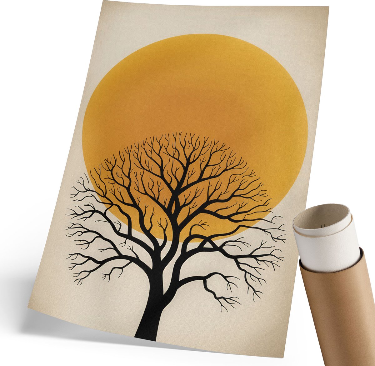 Coloray Polycanvas Poster - Boom En Zon, Illustratie - 210 x 297 mm - Geel Illustratie - Rechthoek - Wandkunst - Woonkamer, Slaapkamer, Kantoor - Minimalist