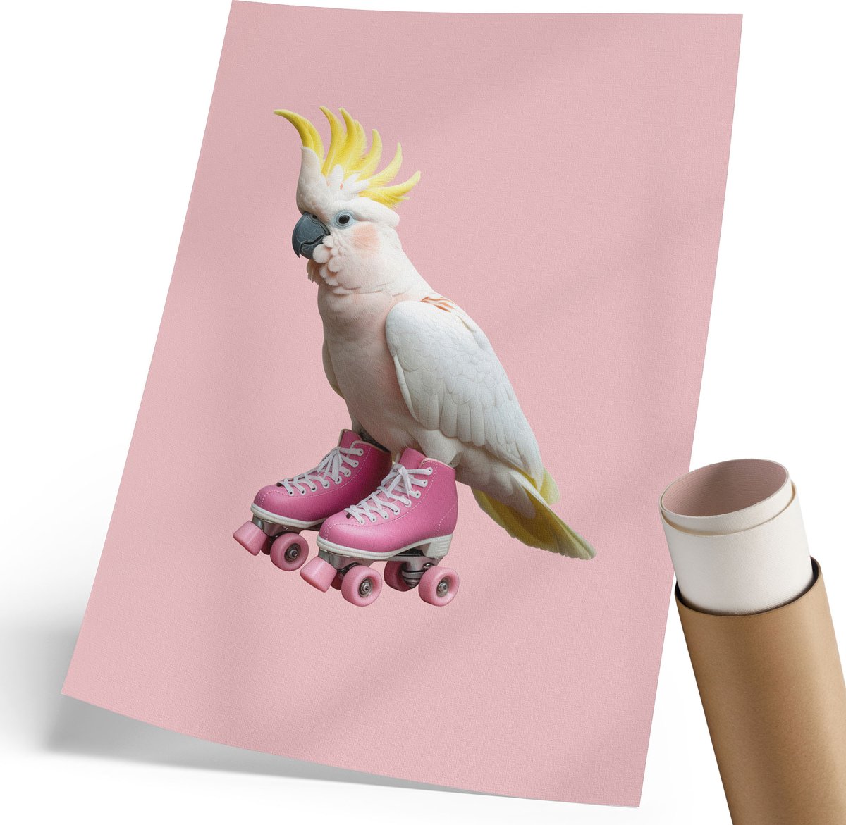 Coloray Polycanvas Wandposter - Een Papegaai Op Rolschaatsen, Illustratie - 210 x 297 mm - Roze Poster - Rechthoek - Wandkunstwerk - Woonkamer, Slaapkamer, Kantoor - Humoristisch
