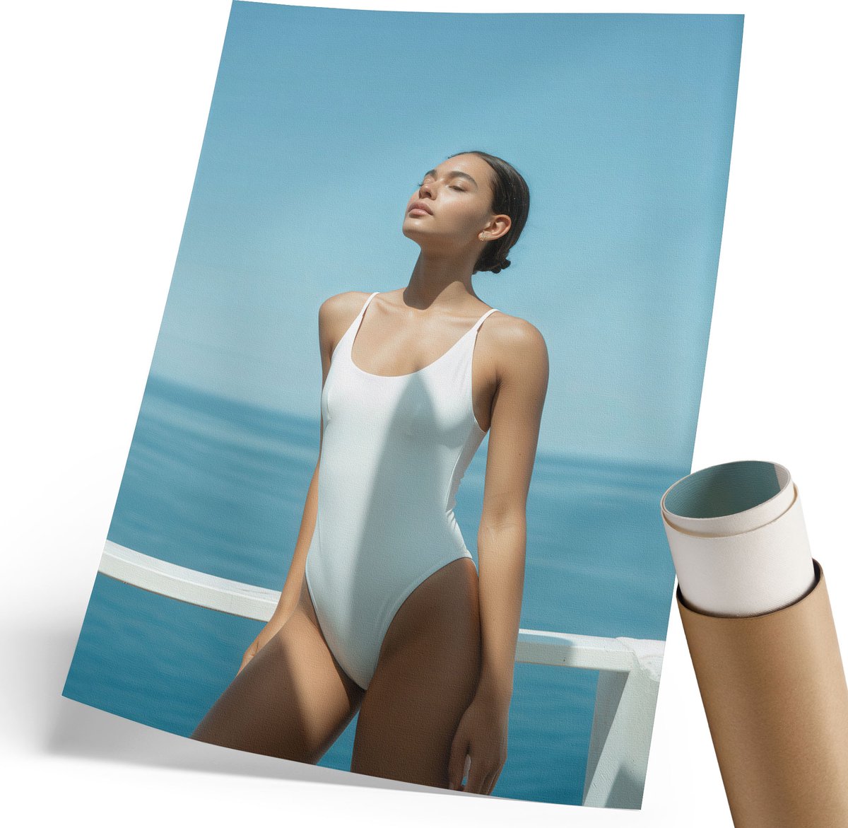 Coloray Polycanvas Wandposter - Vrouw Op Een Jacht, Fotografie - 210 x 297 mm - Blauw Poster - Rechthoek - Muurkunst - Woonkamer, Slaapkamer, Kantoor - Klassiek
