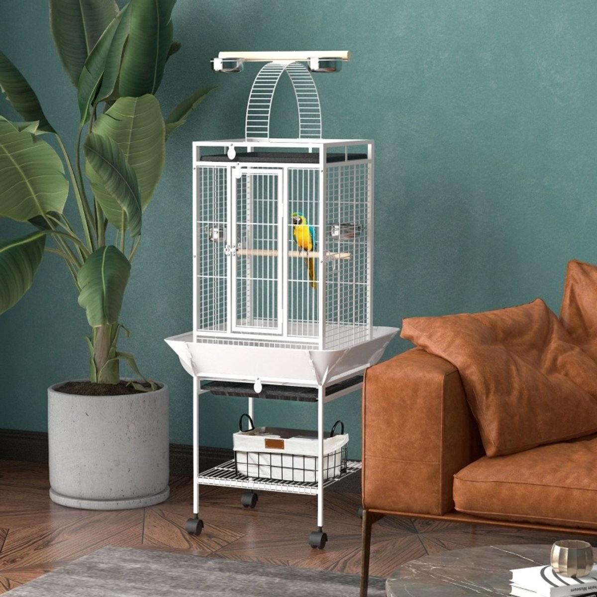MODFU - Vogelkooi - Staand Met Wielen - 3 Deuren - Wit - Staal - 156 Cm