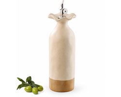 Olijfolie fles - 600 ml - Olie Dispenser - Keramische Oliekan - Aardewerk met Automatische RVS Schenktuit & Lichtdicht - Geschikt voor Olijfolie, Azijn, Koken - 8 x 26.5 cm - Beige