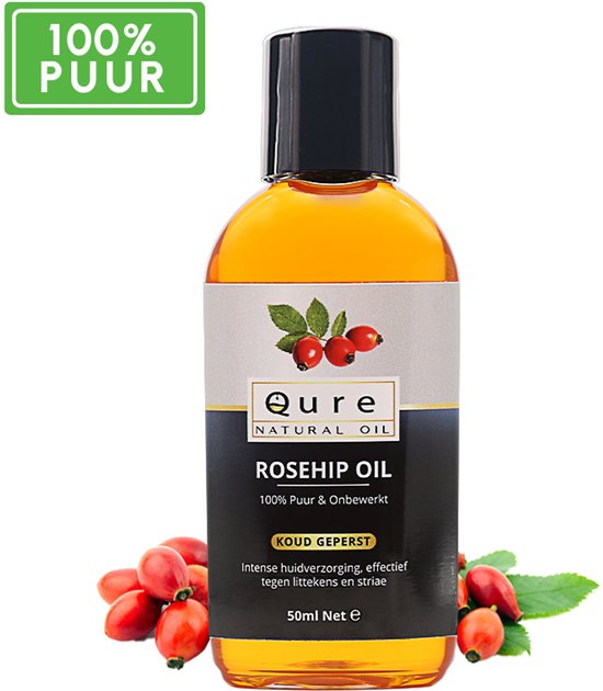 Qure Natural Oil Rosehip Oil 50ml fles, goudkleurig met "100% PUUR" label en rozenbottels.