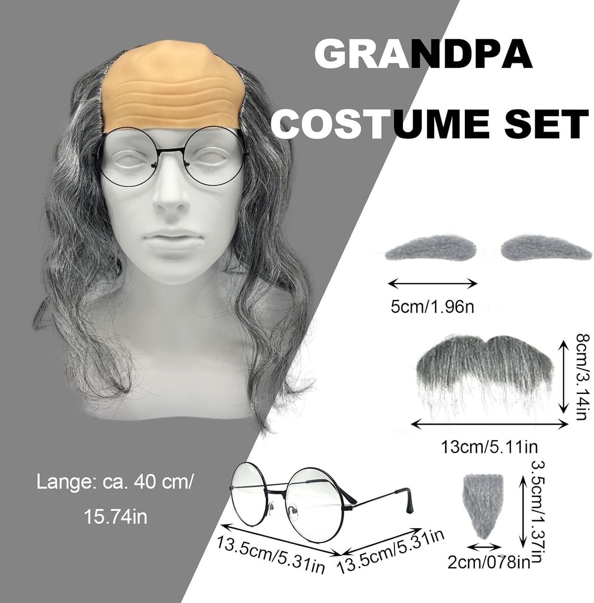 Bare Wigs voor Mannen, 7 Stuks, Valse Wenkbrauwen, Bril en Hoed, Kostuumaccessoires voor Feest, Cosplay en Halloween (Grijs Krullend)