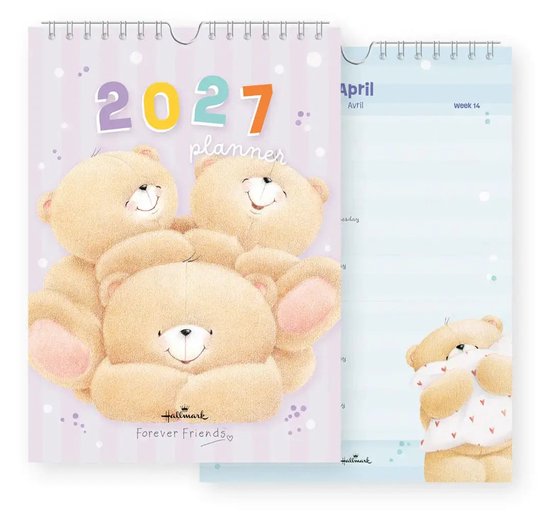 2027 kalender met drie knuffelberen in pastelkleuren. Hallmark Forever Friends.