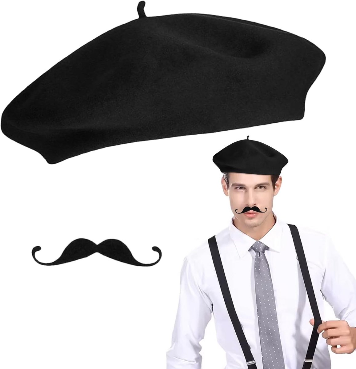 Franse Kostuumaccessoires voor Volwassenen, Beret en Nep Snor voor Carnaval, Halloween en Theatervoorstellingen