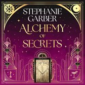 Boek "Alchemy of Secrets" van Stephanie Garber met art deco-design in paars en goud.