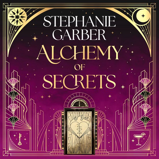 Livre "Alchemy of Secrets" par Stephanie Garber avec un design art déco violet et or.