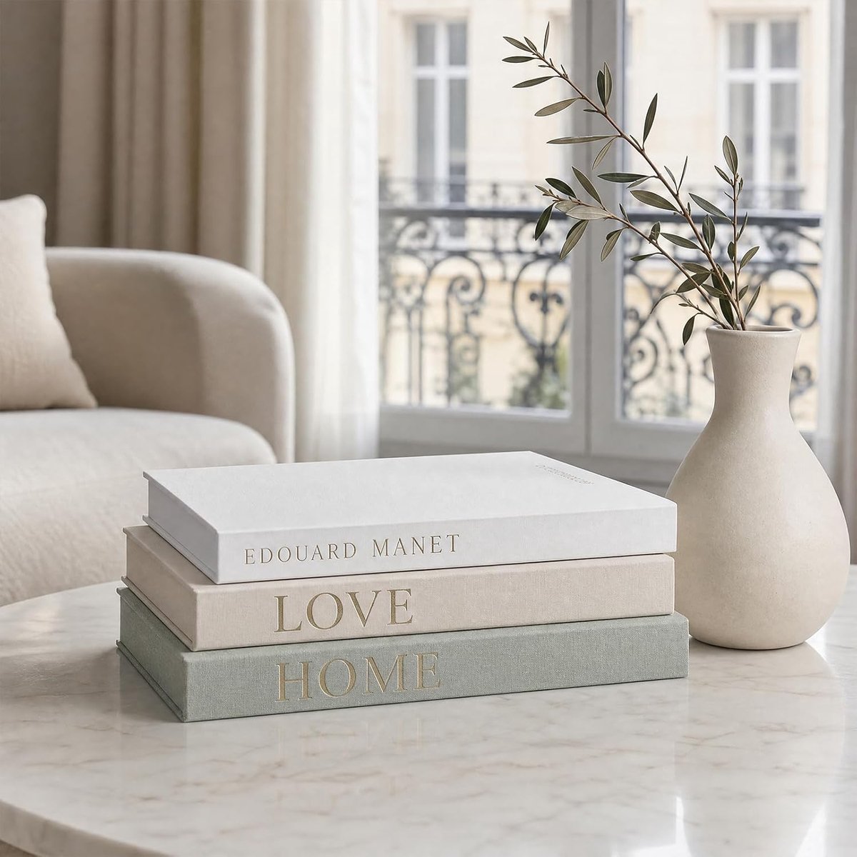 Decoratieve Boeken - Set van 3 - Linnen - Modern - Wit en Saliegroen