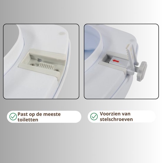 Details van de witte toiletverhoger: verstelbare schroeven voor bevestiging op de meeste toiletten.