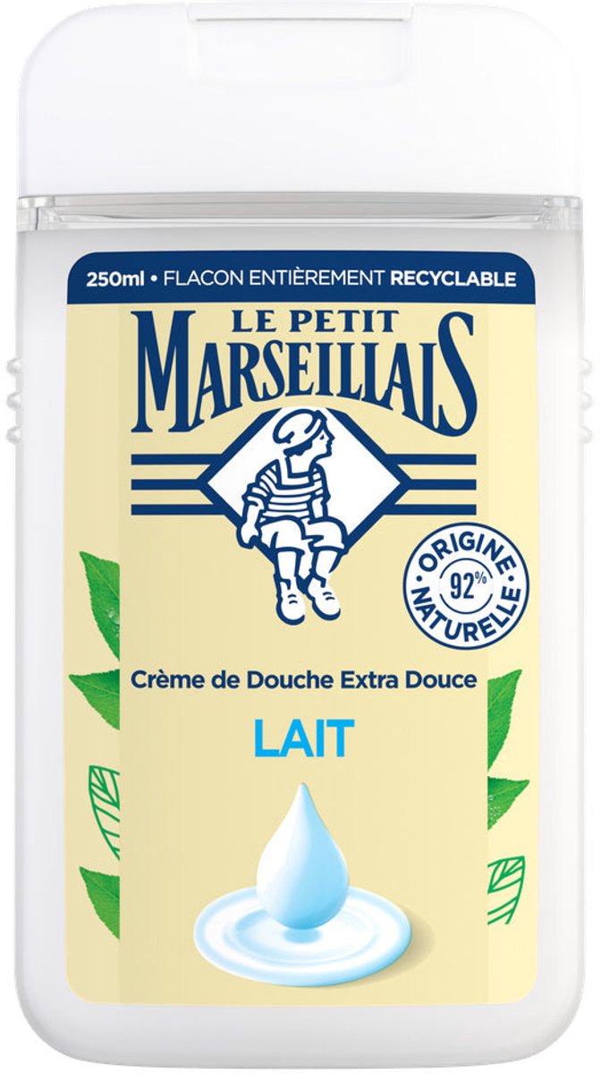 Le Petit Marseillais Crème de Douche Extra Douce Lait, testée sous contrôle dermatologique et pH neutre pour la peau, 2x 400 ml.