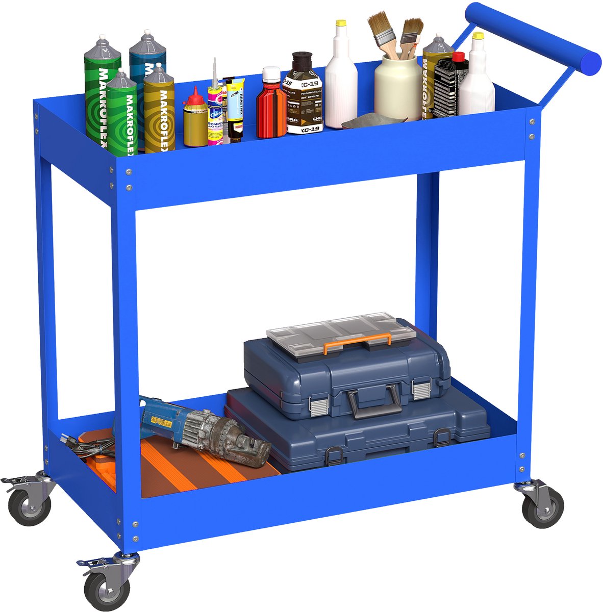 2 Niveaus Rolwagen - Staal - 150kg - met Wielen - blauw