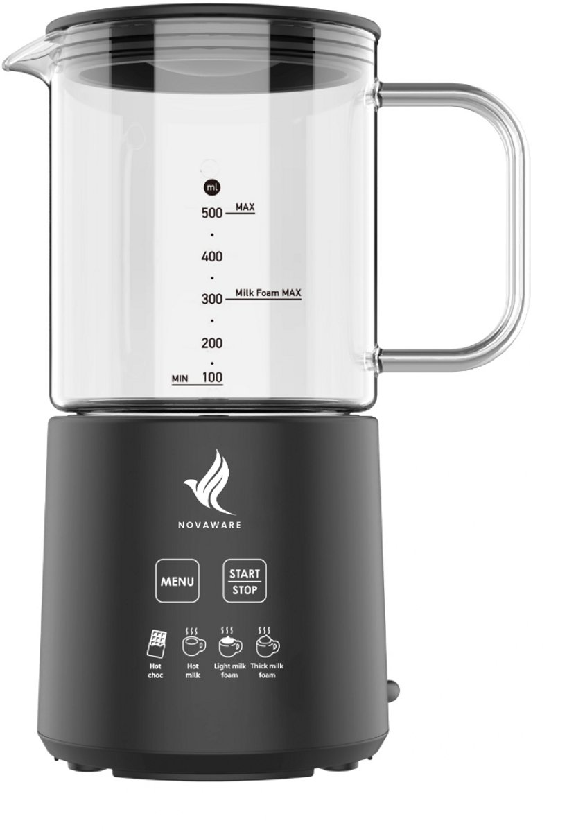 NovaWare Melkopschuimer met Schenktuit - Elektrisch – Milk Frother – Melkklopper - PFAS-vrij - Glazen kan