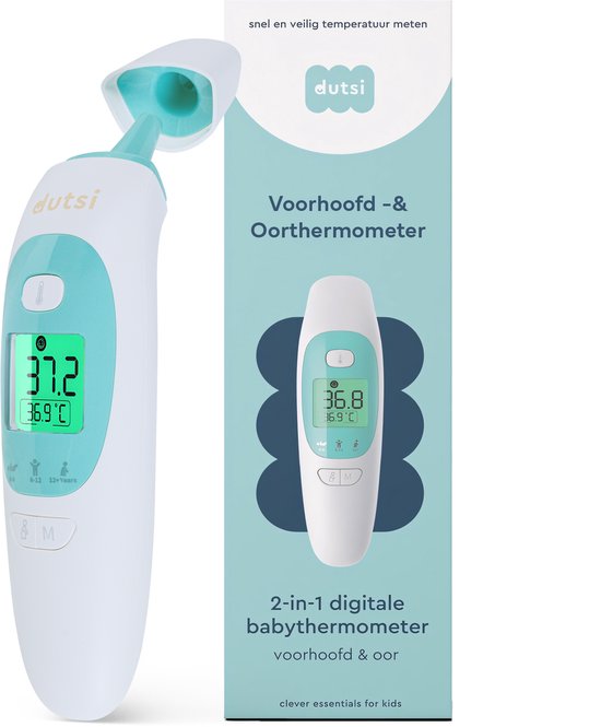 Witte en turquoise Ditsi oor- en voorhoofdthermometer met digitaal scherm dat 37.2°C toont. De verpakking toont ook een afbeelding van het apparaat en de tekst 'Voorhoofd- & Oorthermometer'.