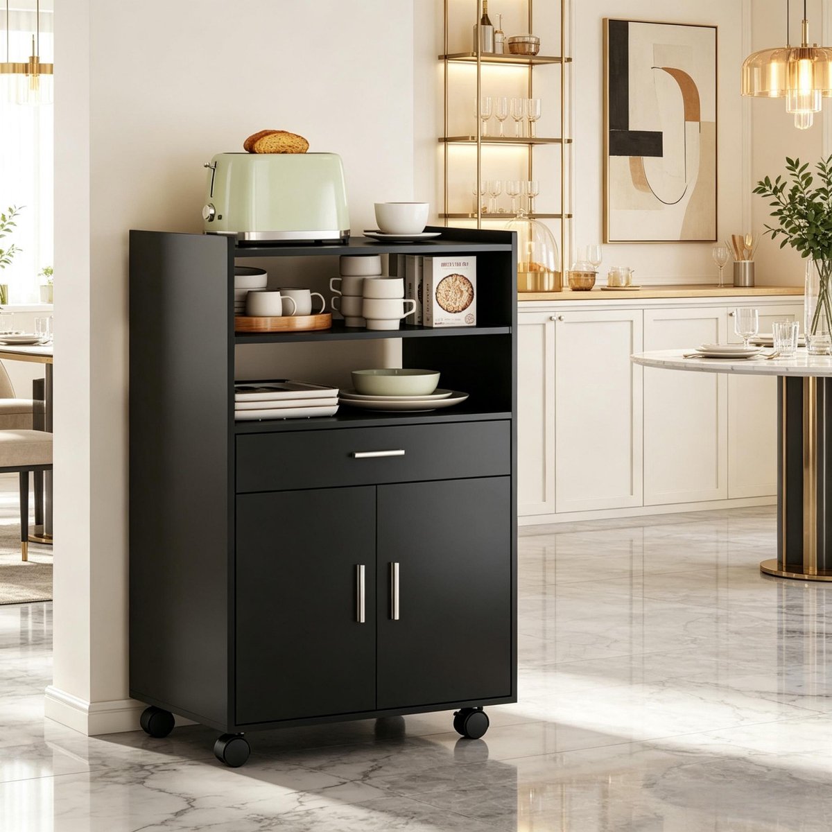 Clruro Keukenkast 59x40x92 cm - met Wielen, Lade en Kast - Mobiele Keukenwagen - MDF - Zwart