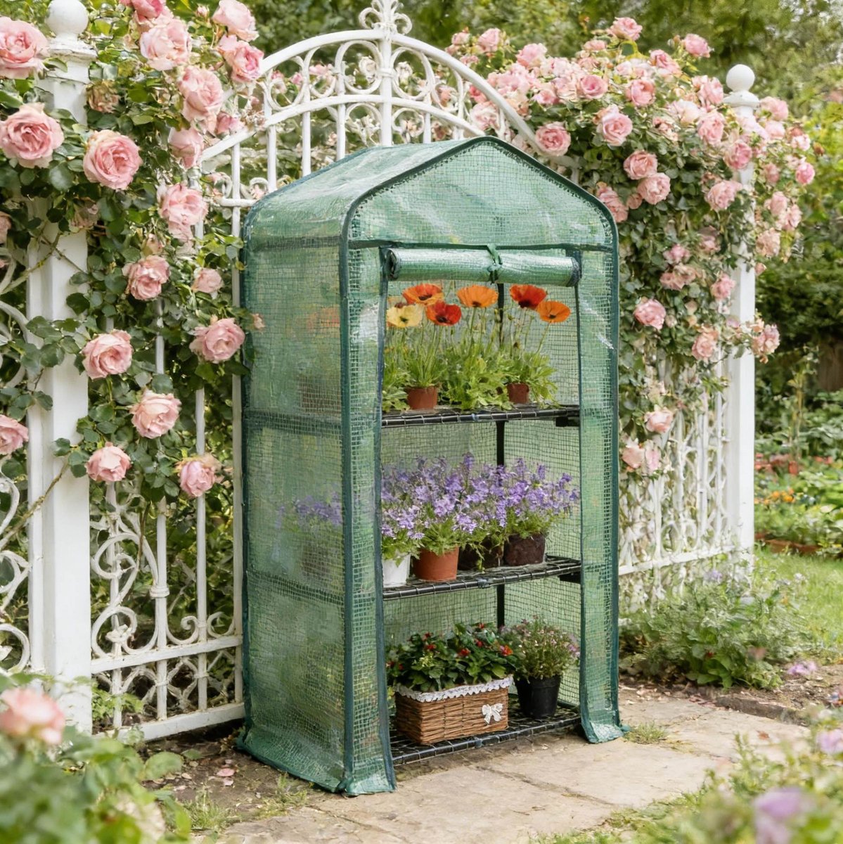Wishdor Kweekkas - Drie lagen en roll-up ritssluiting - Metalen frame en PE folie - Groen - Voor balkon terras tuin - 69 x 49 x 125 cm