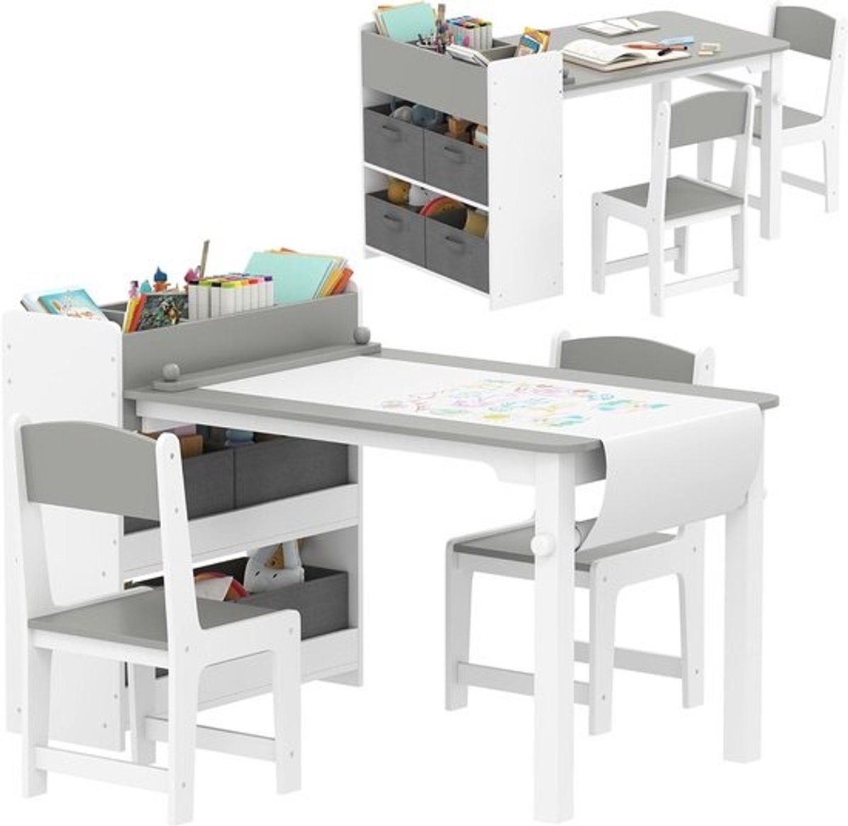 Kindertafel met stoelen - Bureau set Kinderkamer meubel - Spelen en leren - Met papierrol houder