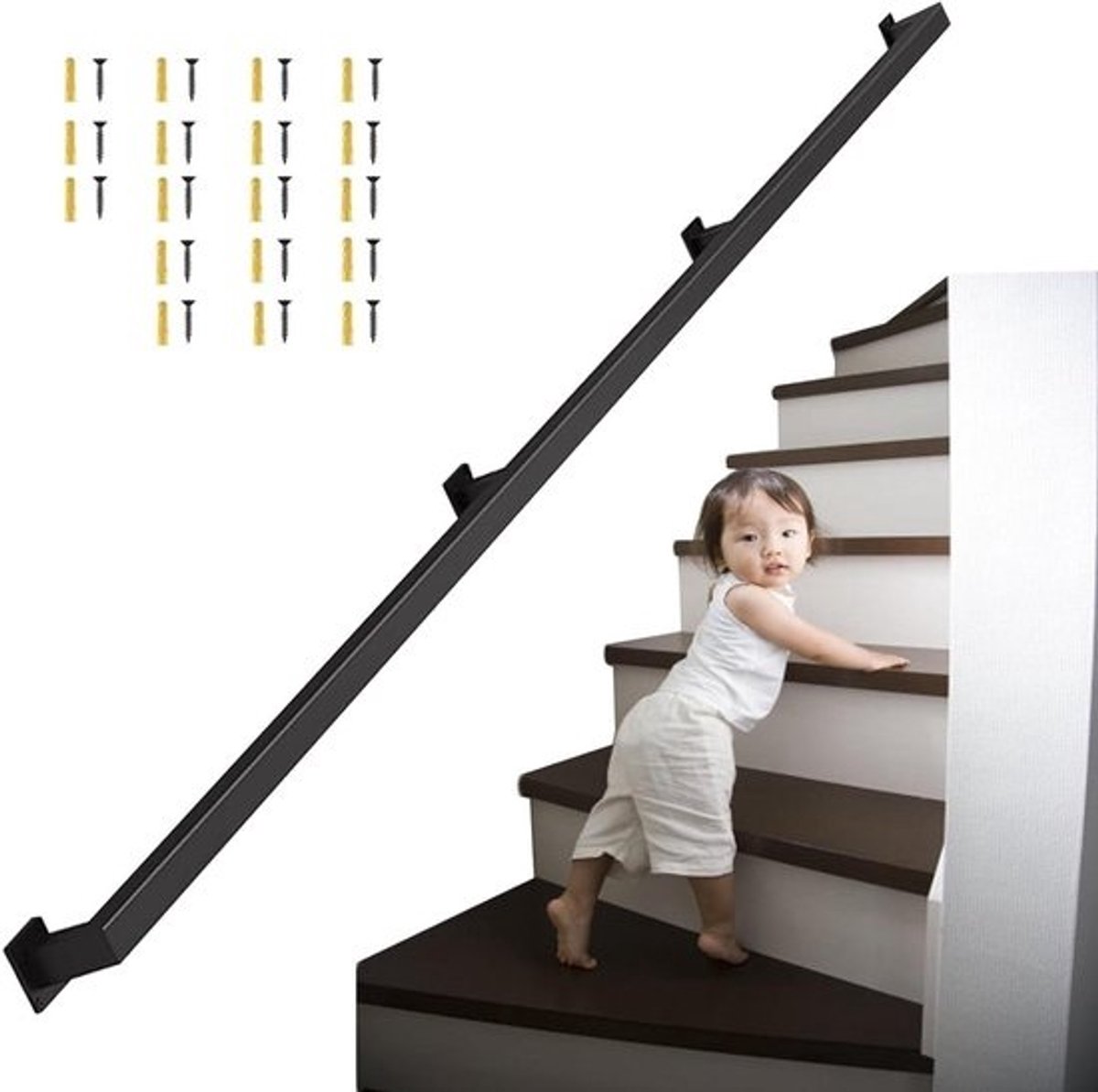 Trapleuning Vierkante Buis - Muursteun Leuning - Veilige Ondersteuning - Smeedijzer Robuust - 30-600 cm - Zwart