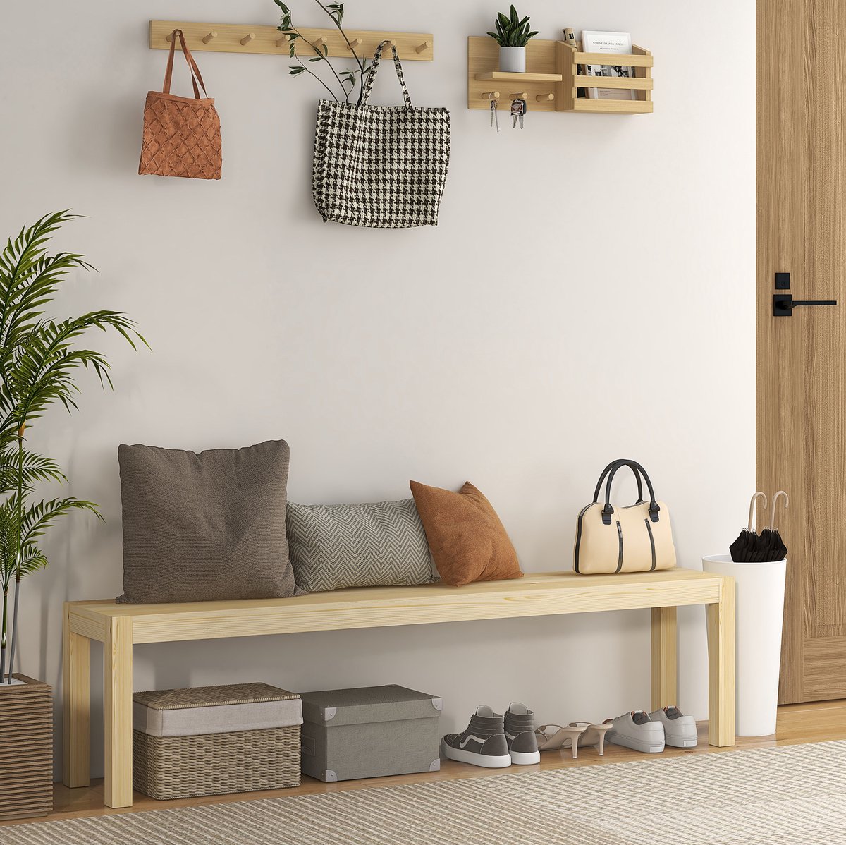 REDOM - Bank - 3-zits zitbank - Houten frame - Antislip voetpads - Landelijke stijl - Keuken en eetkamer - Hout - Natuurlijk hout - 175 x 33 x 45 cm