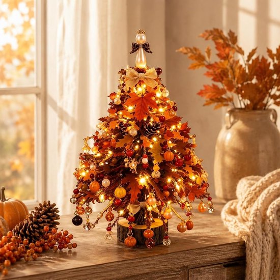 Verlichte herfstboom met esdoornbladeren, pompoenen, bessen en kralen, bekroond met een engel op een houten voet.