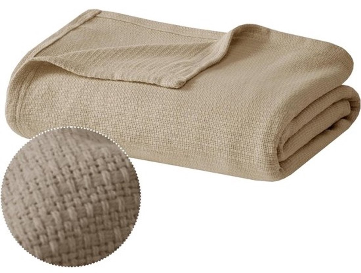 Katoenen Deken - Spaarzaam Geweven Plaid - Comfortabel Ontspannen - Mandweef Structuur - 274 x 229 cm - Kaki
