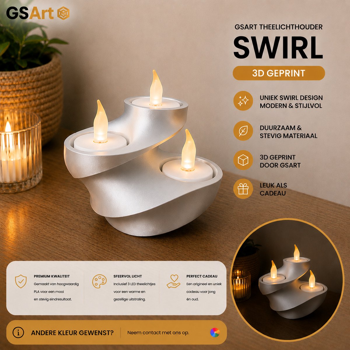 GSArt Theelichthouder Swirl – 3D Geprint – Inclusief 3 LED Theelichtjes - Zijde Zilver
