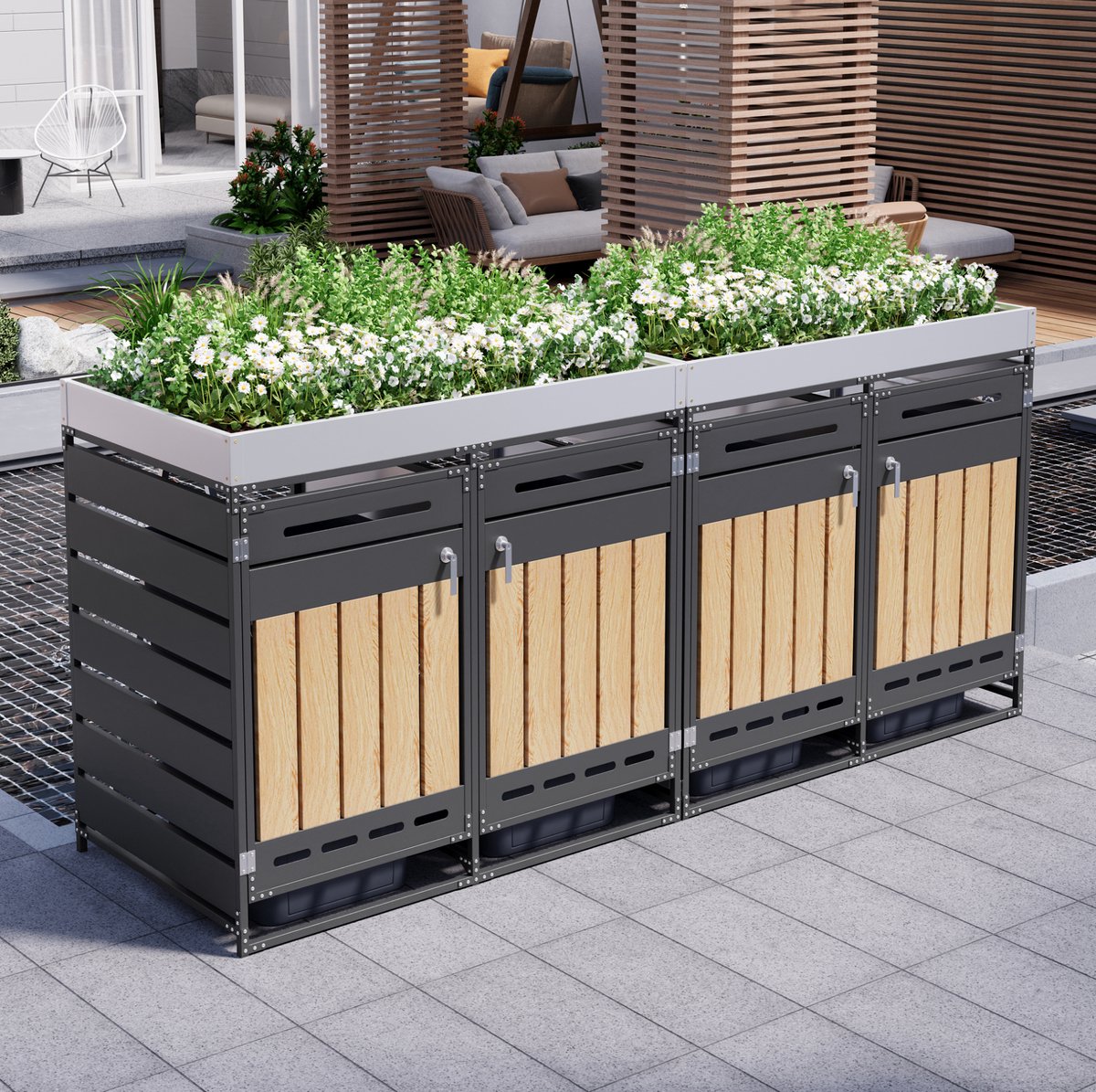 Wishdor Containerberging - 4-vaks - Met geïntegreerde plantenbak en sloten - Geventileerd ontwerp - Outdoor tuin terras - Metaal - Zwart - 262 x 79 x 120 cm
