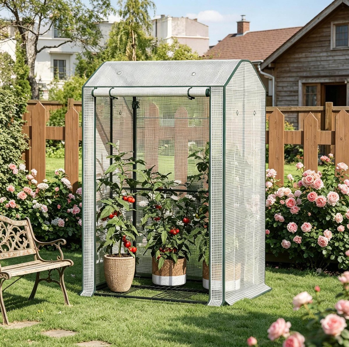 Wishdor Foliekas voor balkon en tuin - Rollbare ritsdeur en 6 ventilatieopeningen - Stalen frame en PE-folie - Voor balkon terras en tuin - Wit - 100 x 83 x 150 cm