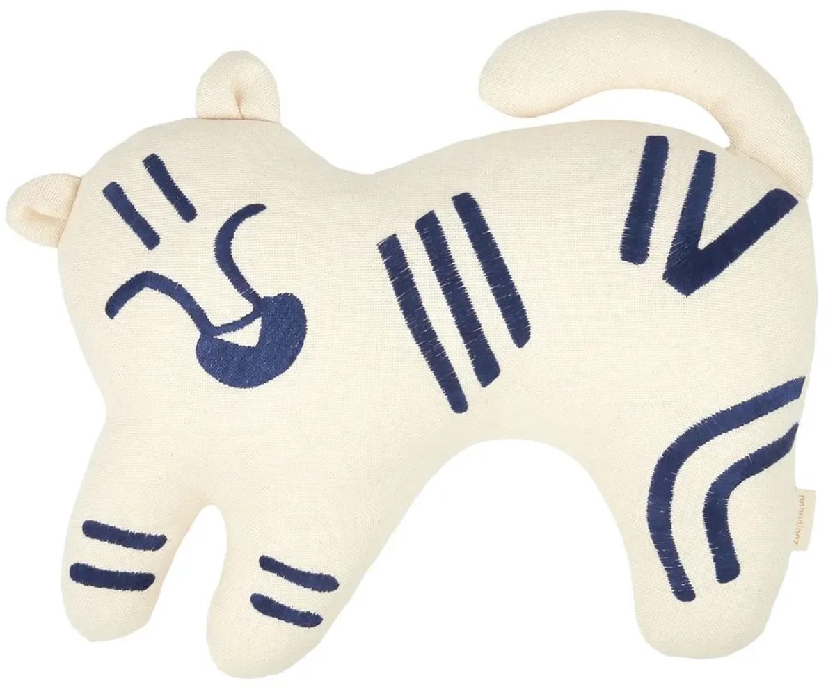 * Nobodinoz Tiger Embroidery Kussen 40x32cm | Blue/ Natural