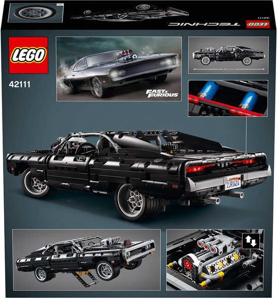 LEGO Technic verpakking van Dom's Dodge Charger 42111, met afbeeldingen van de auto.