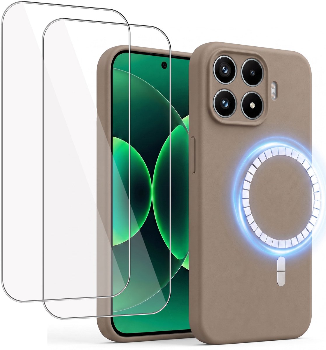 Hoesje + 2x Screenprotector geschikt voor Xiaomi 17T - Hoesje geschikt voor Magsafe - Draadloos opladen - Gehard Glas - Taupe