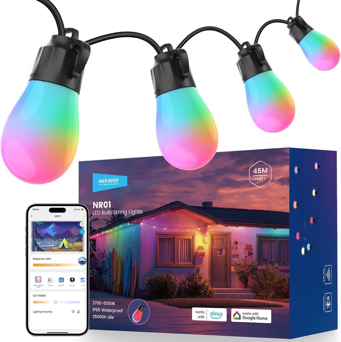 Lichtsnoer - 15 LED - IP65 Waterdicht - App-bediening - RGB meerkleurig - Kerst - Voor Buiten