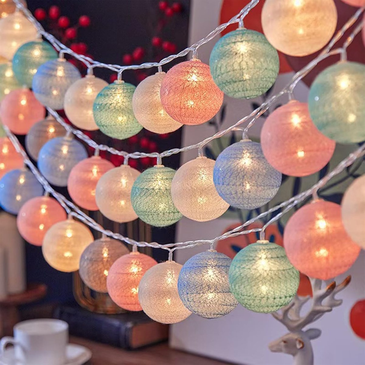 Lichtsnoer Katoenen Bollen 3m - 20 LED - Op Batterijen - 2 Standen - Kerst