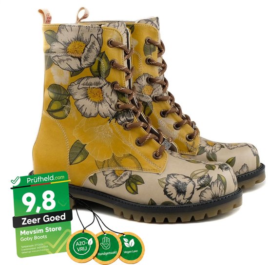 Goby Golden Bloom Dames Veterboots - Handgemaakt Vegan Leer - Maat 36