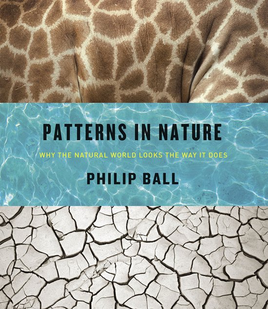 Boekomslag met een giraffenhuid patroon, het wateroppervlak en droge aarde. Tekst: PATTERNS IN NATURE.