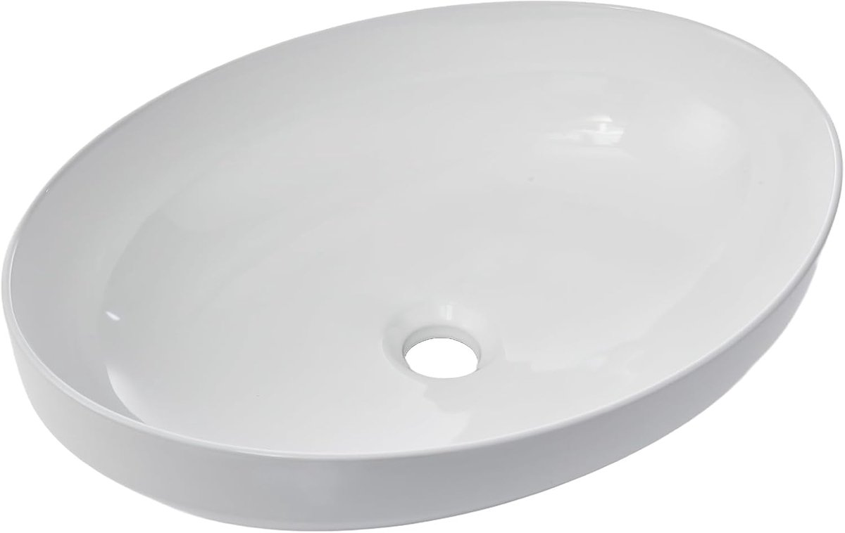 Ovale Opbouw Wastafel met Dunne Rand - 50 x 36 cm - Keramische Waskom met Overloop - Glanzend Wit - Compacte Wasbak voor Badkamer & Toilet