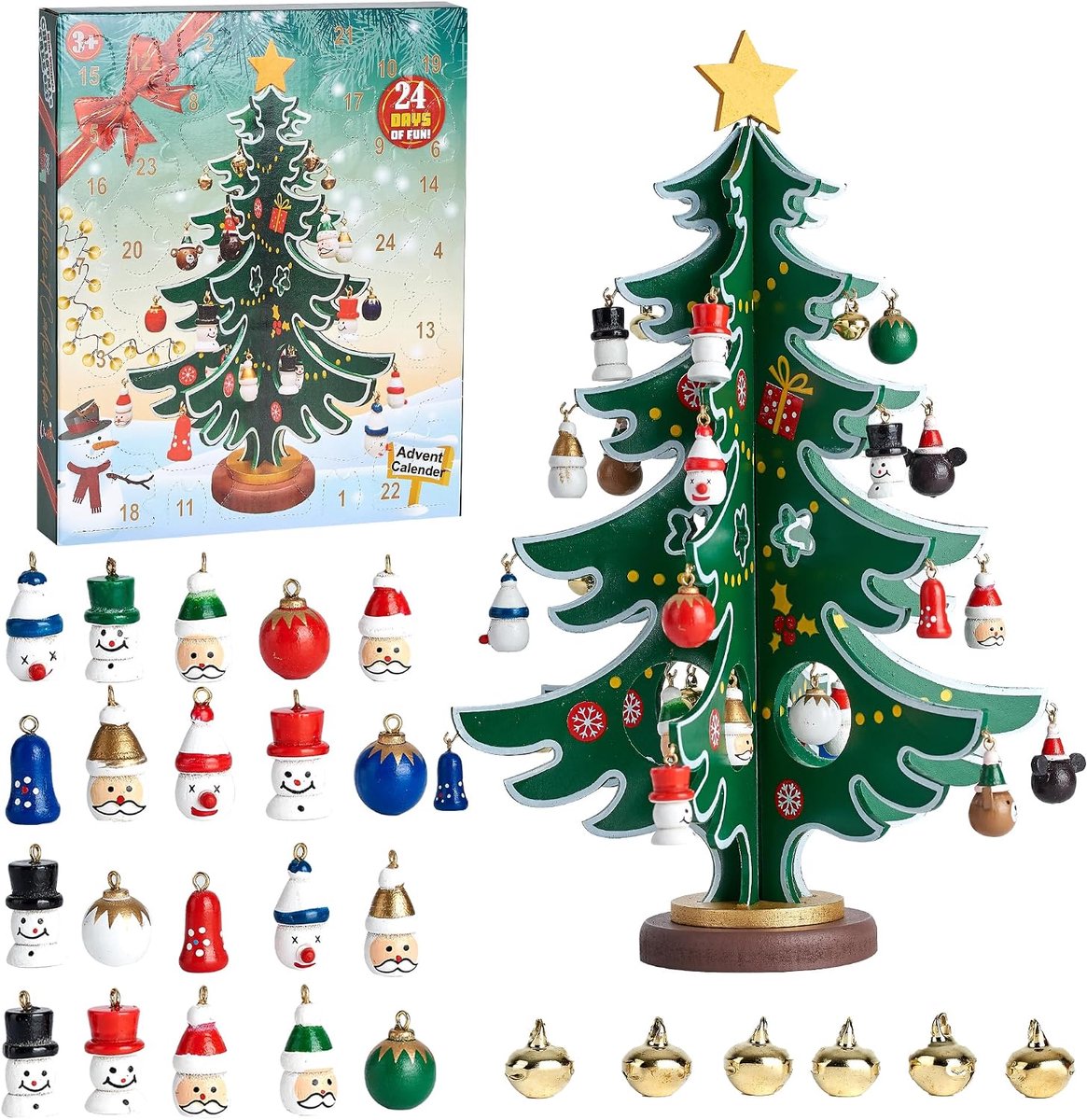 Houten Kerst Aftelkalender 2026 - 24 Dagen Countdown met 30 Ornamenten - Adventkalender voor Jongens, Meisjes - Kerstboom Decoratie - Perfect Cadeau voor Feestdagen - Tafeldecoratie - Feestelijke Sfeer - Uniek Kerstcadeau - Spannend Aftellen