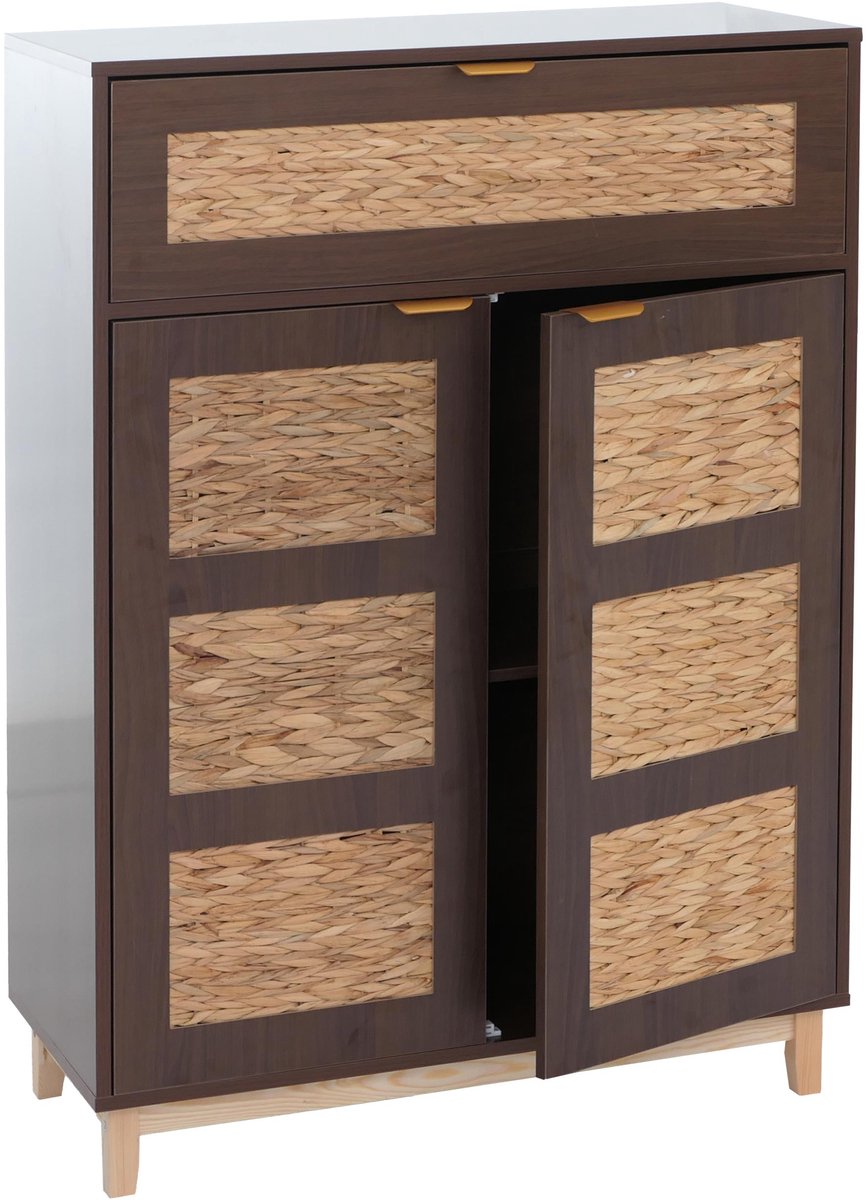 Commode MCW-P54, kast, dressoir, hoogkast, MDF met melamine-afwerking, front van waterhyacint, 115 x 80 x 35 cm ~ walnootlook
