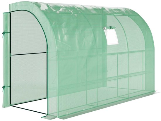 Groene kweektent met metalen frame, open ingang en een oprolbaar venster.