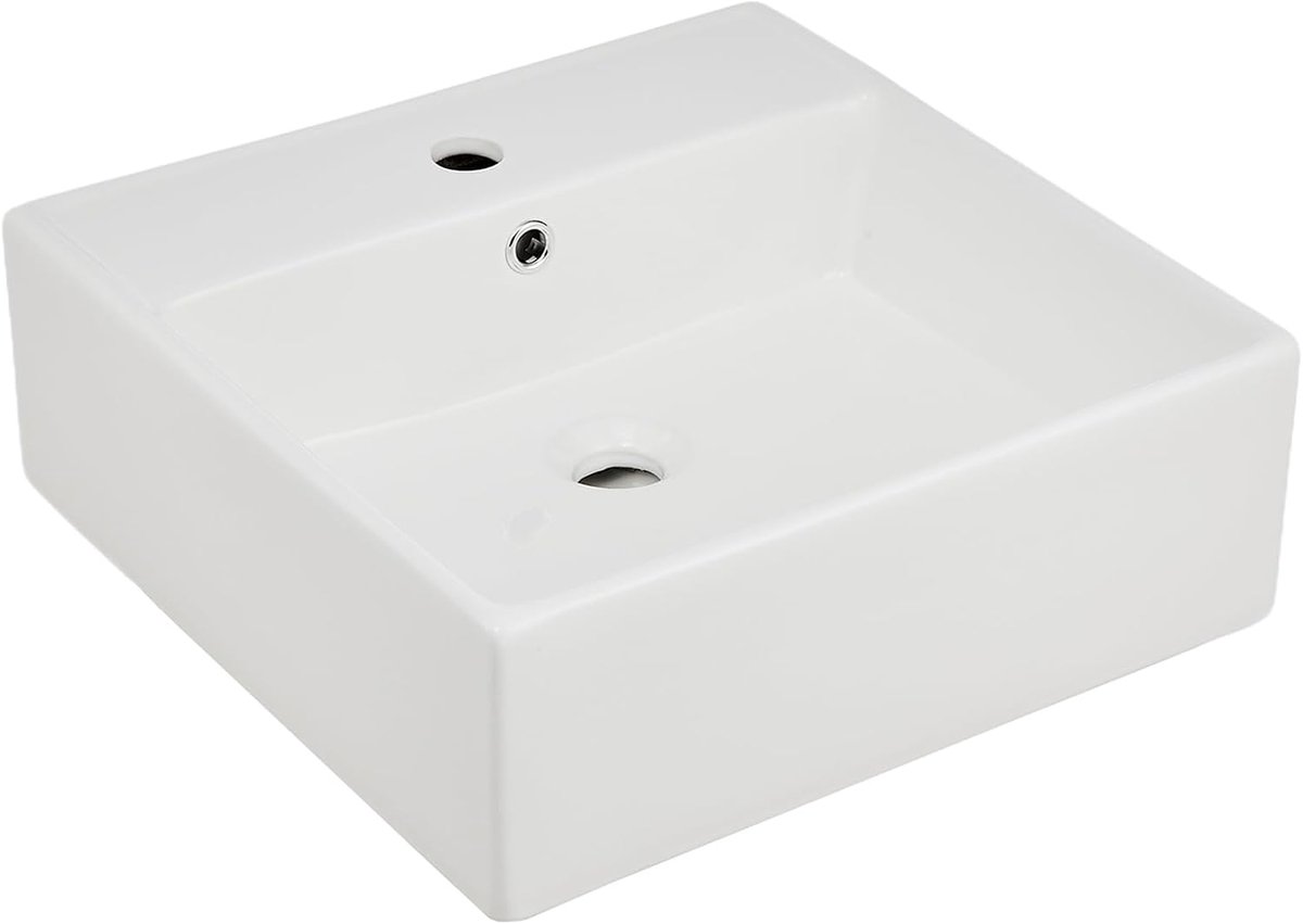 Vierkante Opbouw & Wandmontage Wastafel - 46 x 46 cm - Keramische Wasbak met Kraangat & Overloop - Thin Edge Glanzend Wit - Waskom voor Badkamer & Toilet