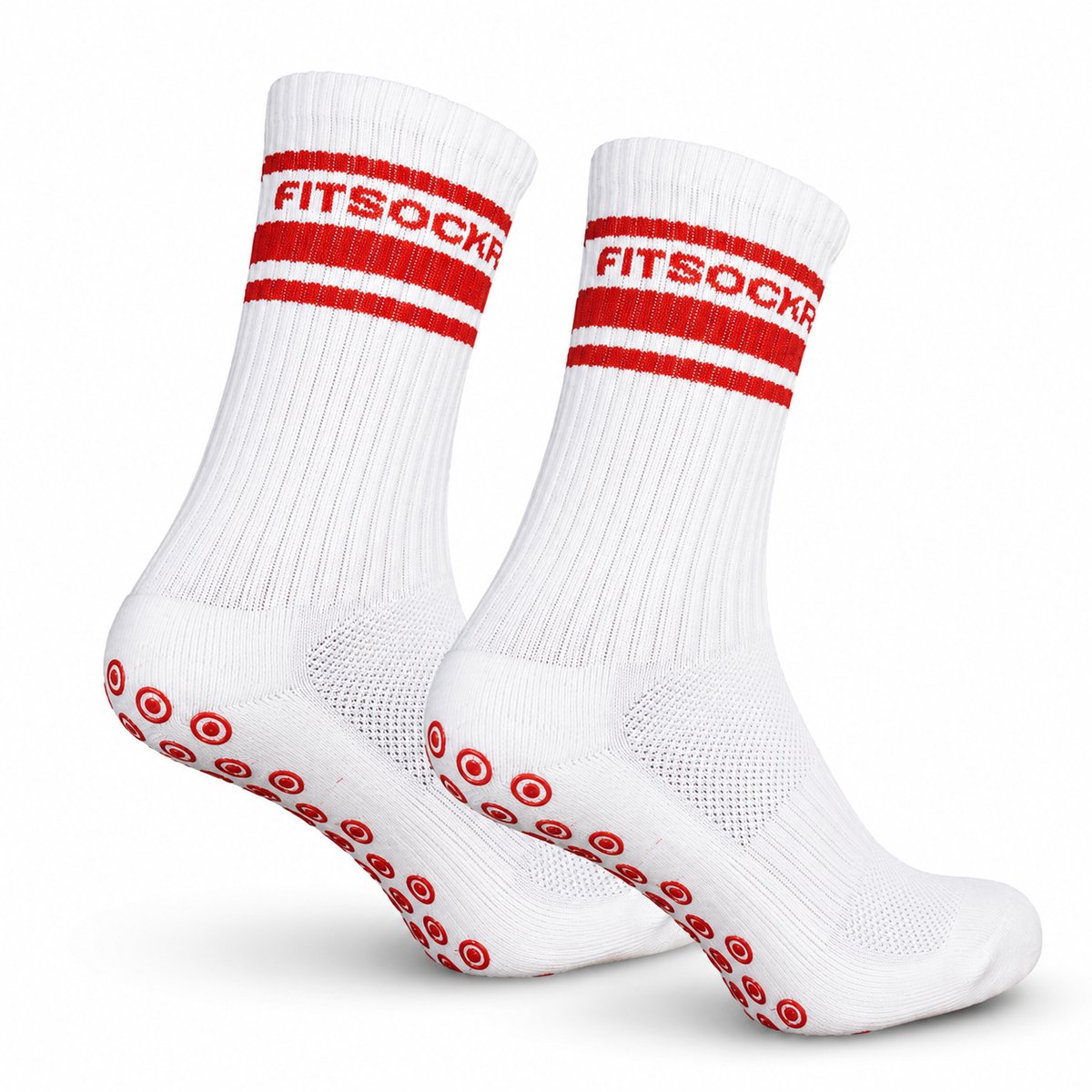 FitSockr Gripsokken Voetbal - Sportsokken - Grip socks - Voetbalsokken - Padel sokken - Antislip Sokken Heren/Dames/Kind - Line - Wit Rood - Maat 44-48
