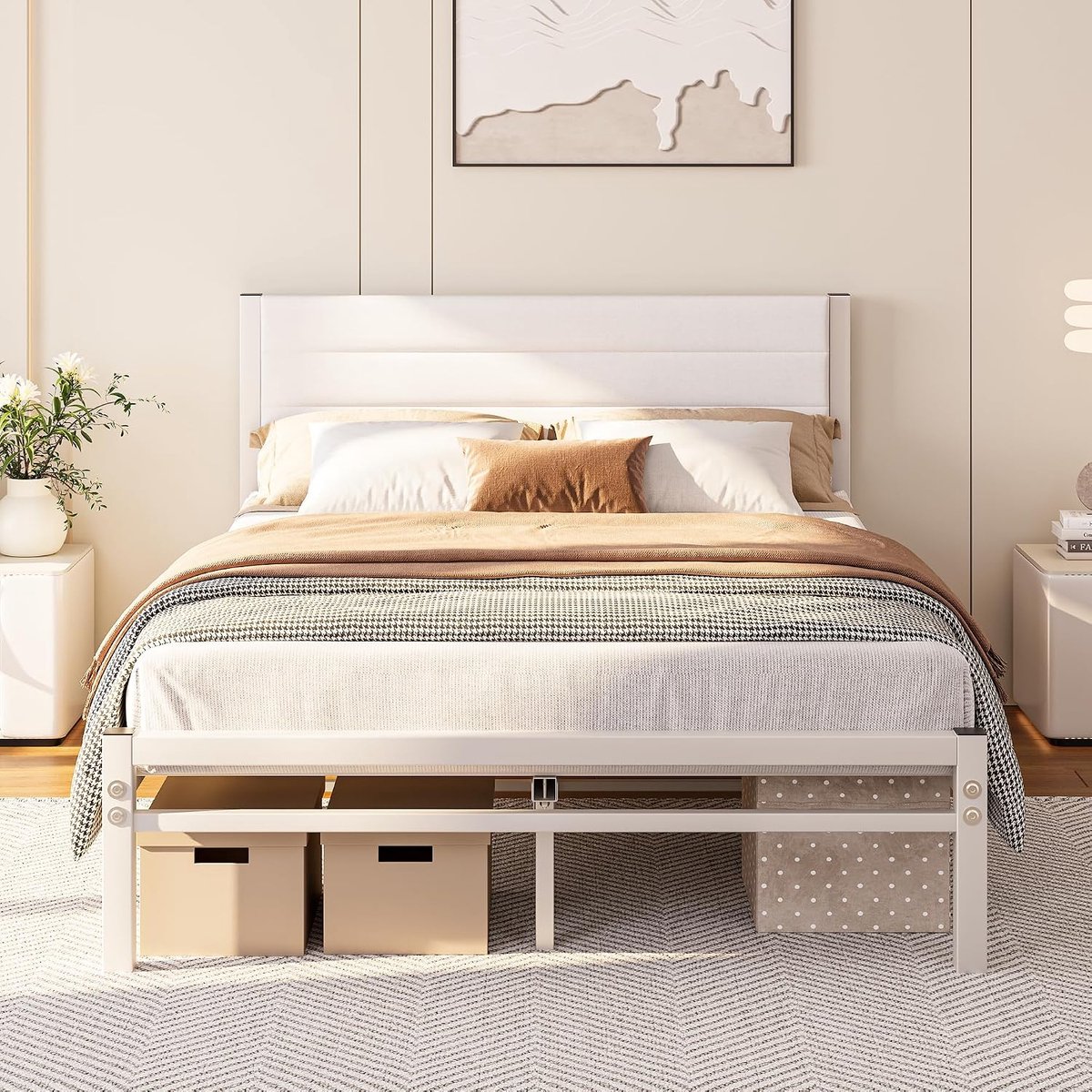 Bed 120 x 200 cm with Slatted Frame, Bed Frame 140 x 200 cm with Padded Headboard, Metal Bed Frame, Modern Metal Bed Double Bed with Storage Space, for Bedroom, Guest Room, White