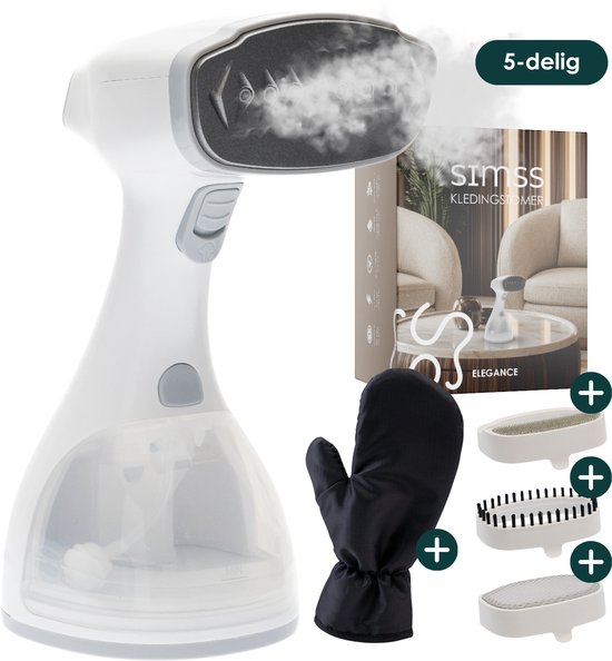 Witte handstomer met stoomt een jas, 5-delig met 3 opzetstukken en een beschermende handschoen.